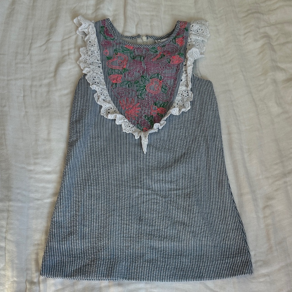 Striped Sleeveless Dress with Floral Bib and Lace Trim - Blue, Pink